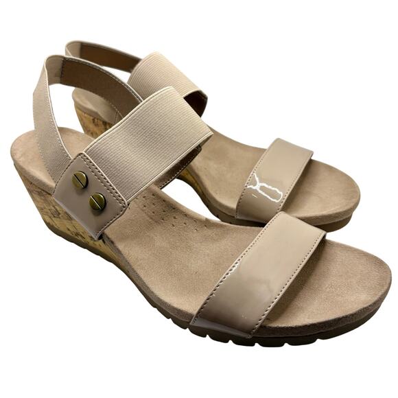 NWOT! NATURALIZER Sandals - Cork Wedge - Faux Taupe Patent & Elastic Straps - Picture 2 of 11
